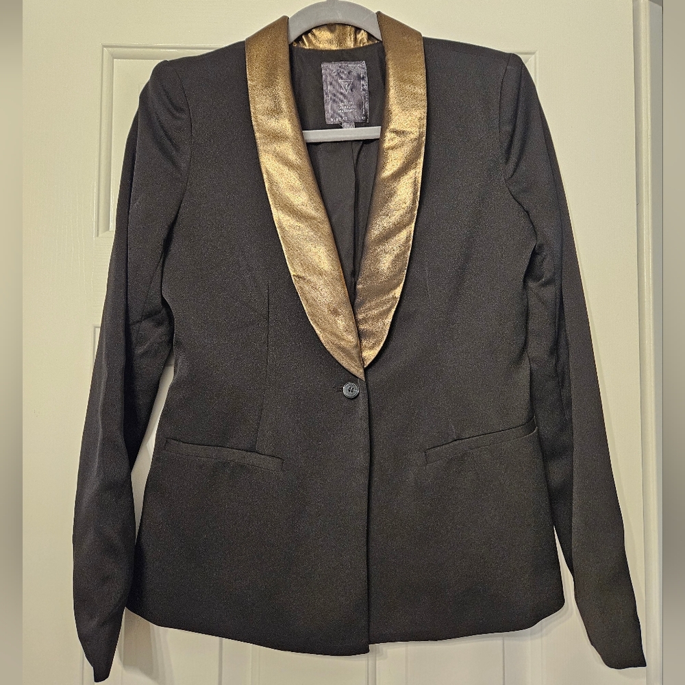 Women's GUESS padded Shoulder Ponte Boyfriend Blazer Jacket Black and Gold
